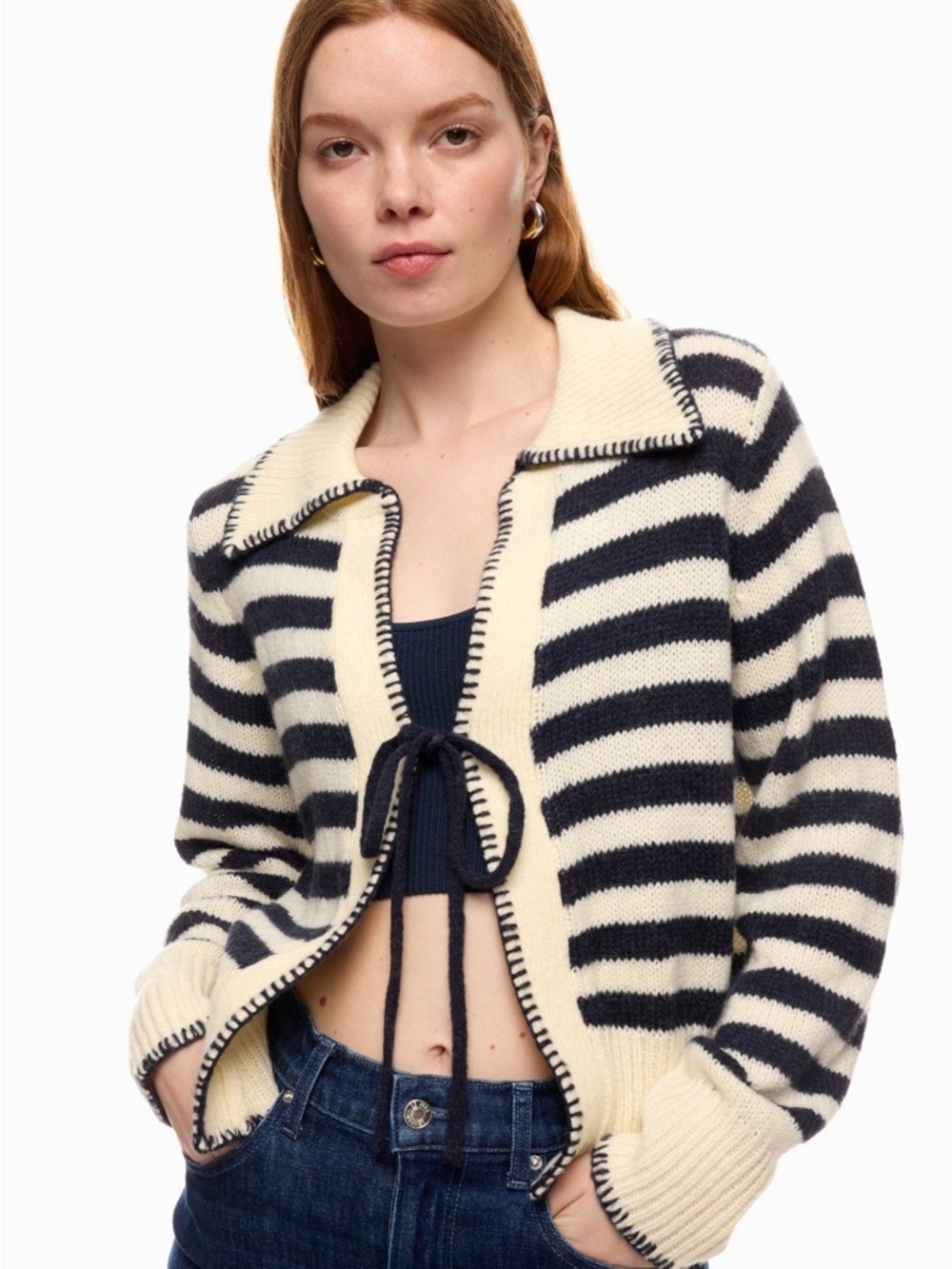 EUC Moon River Cream & Navy Striped Sailor Knit Tie Front Long Sleeve Cardigan M